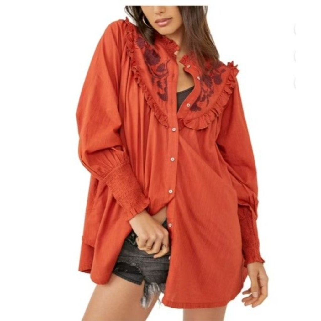 Free People Rose Vines Embroidered Blouse In Iron Combo Boho Oversize Xs